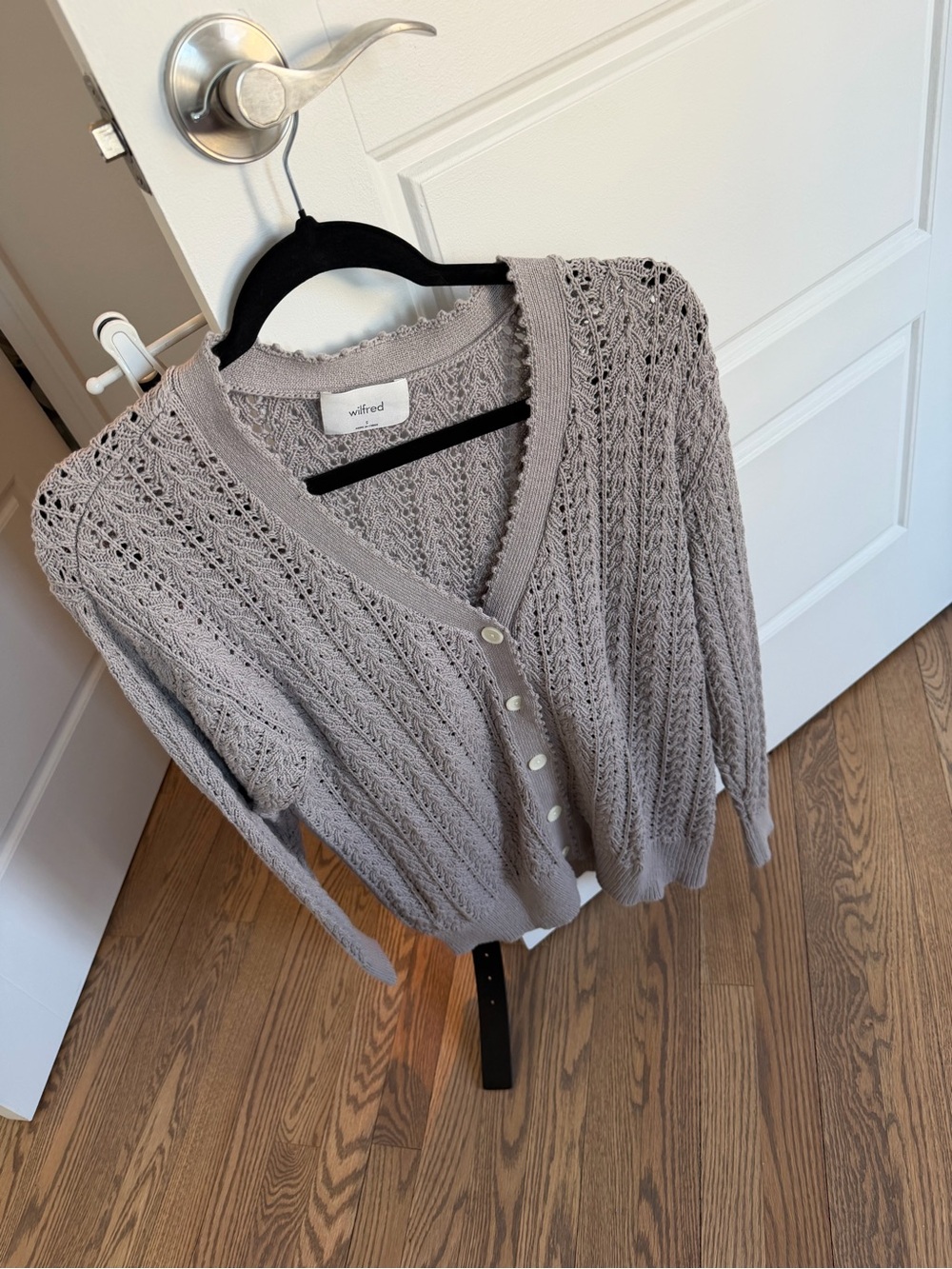 Aritzia Wilfred Light Gray Openwork V-Neck Cardigan